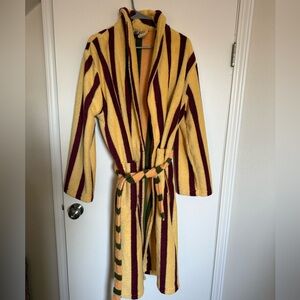 Striped Yellow and Burgundy Women's Robe with contrasting tie.